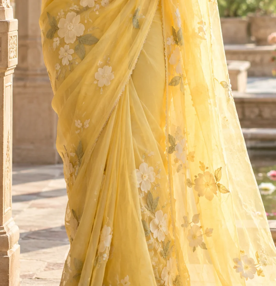 Sunlit Yellow Organza Saree textile detail